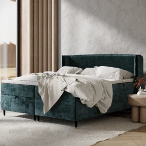 Boxspringbed met hoofdeinde van chenillestof – Monpelli – matras en dekmatras – 180×200 cm – blauwgroen