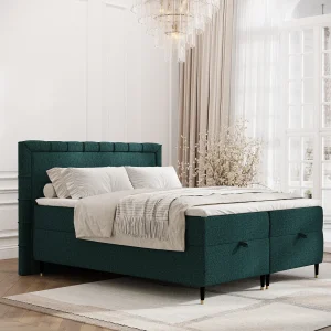 Boxspringbed met hoofdeinde van geweven stof – Voyage – matras en dekmatras – 200×200 cm – groen Boxspringbed met hoofdeinde van geweven stof – Voyage – matras en dekmatras – 200×200 cm – groen