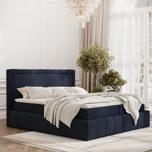 Boxspringbed met hoofdeinde van geweven stof – Sundown – matras en dekmatras – 160×200 cm – marineblauw Boxspringbed met hoofdeinde van geweven stof – Sundown – matras en dekmatras – 160×200 cm – marineblauw