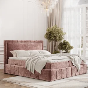Boxspringbed met hoofdeinde van chenillestof – Sundown – matras en dekmatras – 180×200 cm – roze Boxspringbed met hoofdeinde van chenillestof – Sundown – matras en dekmatras – 180×200 cm – roze