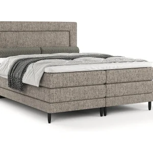 Boxspringbed met hoofdeinde van geweven stof – Madame – matras en dekmatras – 180×200 cm – lichtbruin