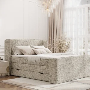 Boxspringbed met hoofdeinde van geweven stof – Freeland – matras en dekmatras – 180×200 cm – beige mélangé Boxspringbed met hoofdeinde van geweven stof – Freeland – matras en dekmatras – 180×200 cm – beige mélangé