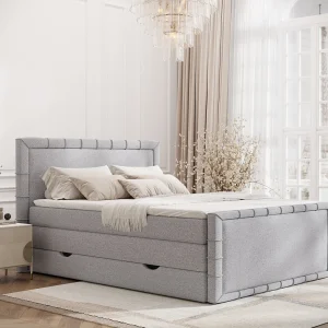 Boxspringbed met hoofdeinde van geweven stof – Estelle – matras en dekmatras – 140×200 cm – lichtgrijs Boxspringbed met hoofdeinde van geweven stof – Estelle – matras en dekmatras – 140×200 cm – lichtgrijs