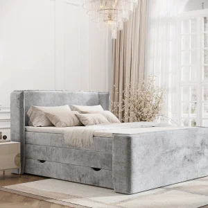 Boxspringbed met hoofdeinde van chenillestof – Freeland – matras en dekmatras – 200×200 cm – lichtgrijs Boxspringbed met hoofdeinde van chenillestof – Freeland – matras en dekmatras – 200×200 cm – lichtgrijs