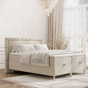 Boxspringbed met hoofdeinde van bouclestof – Voyage – matras en dekmatras – 140×200 cm – beige Boxspringbed met hoofdeinde van bouclestof – Voyage – matras en dekmatras – 140×200 cm – beige