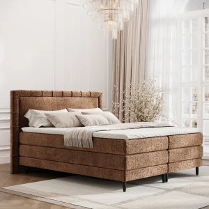 Boxspringbed met hoofdeinde van chenillestof – Rimini – matras en dekmatras – 200×200 cm – koper