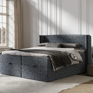 Boxspringbed met hoofdeinde van geweven stof – Passion – matras en dekmatras – 180×200 cm – marineblauw Boxspringbed met hoofdeinde van geweven stof – Passion – matras en dekmatras – 180×200 cm – marineblauw