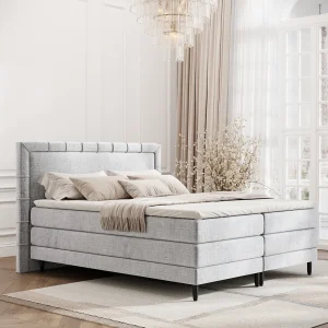 Boxspringbed met hoofdeinde van chenillestof – Rimini – matras en dekmatras – 160×200 cm – lichtgrijs