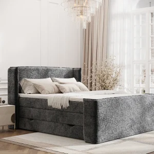 Boxspringbed met hoofdeinde van chenillestof – Freeland – matras en dekmatras – 140×200 cm – grafiet Boxspringbed met hoofdeinde van chenillestof – Freeland – matras en dekmatras – 140×200 cm – grafiet