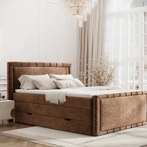 Boxspringbed met hoofdeinde van chenillestof – Estelle – matras en dekmatras – 180×200 cm – koper Boxspringbed met hoofdeinde van chenillestof – Estelle – matras en dekmatras – 180×200 cm – koper