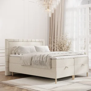 Boxspringbed met hoofdeinde van bouclestof – Voyage – matras en dekmatras – 140×200 cm – creme