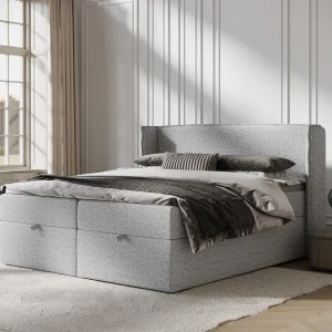 Boxspringbed met hoofdeinde van geweven stof – Passion – matras en dekmatras – 200×200 cm – grijs Boxspringbed met hoofdeinde van geweven stof – Passion – matras en dekmatras – 200×200 cm – grijs