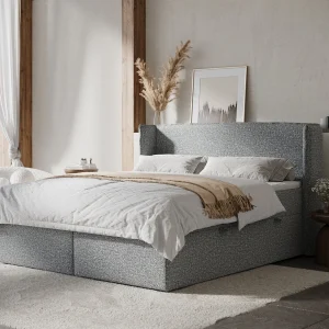 Boxspringbed met hoofdeinde van bouclestof – Skyline – matras en dekmatras – 140×200 cm – grijs Boxspringbed met hoofdeinde van bouclestof – Skyline – matras en dekmatras – 140×200 cm – grijs