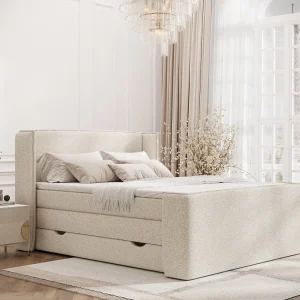 Boxspringbed met hoofdeinde van bouclestof – Freeland – matras en dekmatras – 140×200 cm – creme