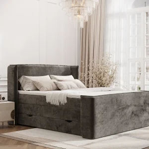 Boxspringbed met hoofdeinde van chenillestof – Freeland – matras en dekmatras – 200×200 cm – bruin Boxspringbed met hoofdeinde van chenillestof – Freeland – matras en dekmatras – 200×200 cm – bruin