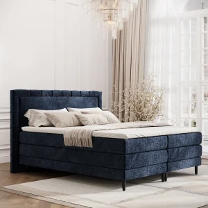 Boxspringbed met hoofdeinde van chenillestof – Rimini – matras en dekmatras – 160×200 cm – marineblauw Boxspringbed met hoofdeinde van chenillestof – Rimini – matras en dekmatras – 160×200 cm – marineblauw