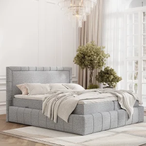 Boxspringbed met hoofdeinde van geweven stof – Sundown – matras en dekmatras – 200×200 cm – grijs