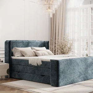 Boxspringbed met hoofdeinde van chenillestof – Freeland – matras en dekmatras – 180×200 cm – blauw Boxspringbed met hoofdeinde van chenillestof – Freeland – matras en dekmatras – 180×200 cm – blauw
