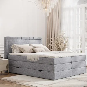 Boxspringbed met hoofdeinde van geweven stof – Rosabel – matras en dekmatras – 200×200 cm – grijs Boxspringbed met hoofdeinde van geweven stof – Rosabel – matras en dekmatras – 200×200 cm – grijs