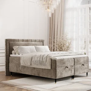 Boxspringbed met hoofdeinde van chenillestof – Voyage – matras en dekmatras – 180×200 cm – beige Boxspringbed met hoofdeinde van chenillestof – Voyage – matras en dekmatras – 180×200 cm – beige