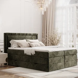 Boxspringbed met hoofdeinde van chenillestof – Rosabel – matras en dekmatras – 160×200 cm – olijfgroen