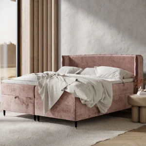 Boxspringbed met hoofdeinde van chenillestof – Monpelli – matras en dekmatras – 180×200 cm – roze