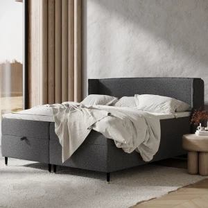 Boxspringbed met hoofdeinde van geweven stof – Monpelli – matras en dekmatras – 180×200 cm – zwart Boxspringbed met hoofdeinde van geweven stof – Monpelli – matras en dekmatras – 180×200 cm – zwart