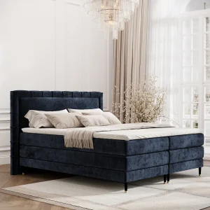 Boxspringbed met hoofdeinde van chenillestof – Rimini – matras en dekmatras – 140×200 cm – marineblauw