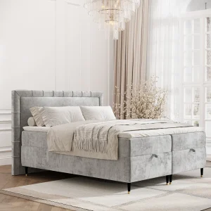 Boxspringbed met hoofdeinde van chenillestof – Voyage – matras en dekmatras – 140×200 cm – lichtgrijs Boxspringbed met hoofdeinde van chenillestof – Voyage – matras en dekmatras – 140×200 cm – lichtgrijs