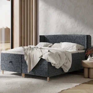 Boxspringbed met hoofdeinde van geweven stof – Monpelli – matras en dekmatras – 140×200 cm – marineblauw