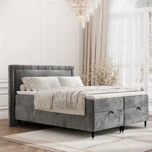Boxspringbed met hoofdeinde van chenillestof – Voyage – matras en dekmatras – 180×200 cm – grijs Boxspringbed met hoofdeinde van chenillestof – Voyage – matras en dekmatras – 180×200 cm – grijs