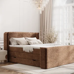 Boxspringbed met hoofdeinde van chenillestof – Freeland – matras en dekmatras – 200×200 cm – koper Boxspringbed met hoofdeinde van chenillestof – Freeland – matras en dekmatras – 200×200 cm – koper