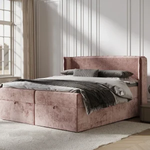 Boxspringbed met hoofdeinde van chenillestof – Passion – matras en dekmatras – 160×200 cm – roze Boxspringbed met hoofdeinde van chenillestof – Passion – matras en dekmatras – 160×200 cm – roze
