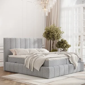 Boxspringbed met hoofdeinde van geweven stof – Moretti – matras en dekmatras – 200×200 cm – grijs