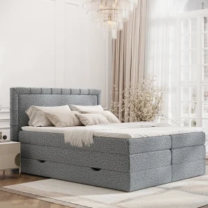 Boxspringbed met hoofdeinde van bouclestof – Rosabel – matras en dekmatras – 180×200 cm – grijs Boxspringbed met hoofdeinde van bouclestof – Rosabel – matras en dekmatras – 180×200 cm – grijs