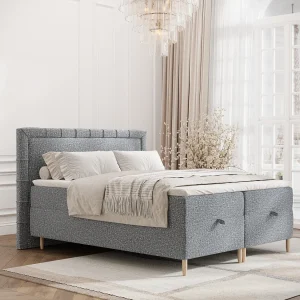 Boxspringbed met hoofdeinde van bouclestof – Voyage – matras en dekmatras – 180×200 cm – grijs