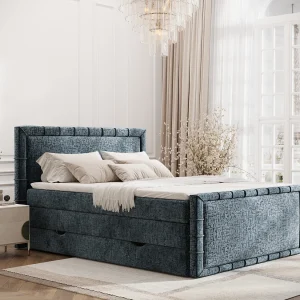 Boxspringbed met hoofdeinde van chenillestof – Estelle – matras en dekmatras – 200×200 cm – blauw Boxspringbed met hoofdeinde van chenillestof – Estelle – matras en dekmatras – 200×200 cm – blauw