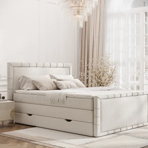 Boxspringbed met hoofdeinde van geweven stof – Estelle – matras en dekmatras – 180×200 cm – beige Boxspringbed met hoofdeinde van geweven stof – Estelle – matras en dekmatras – 180×200 cm – beige