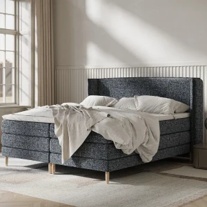 Boxspringbed met hoofdeinde van geweven stof – Carizzo – matras en dekmatras – 180×200 cm – marineblauw Boxspringbed met hoofdeinde van geweven stof – Carizzo – matras en dekmatras – 180×200 cm – marineblauw