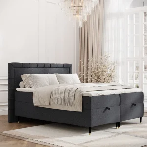 Boxspringbed met hoofdeinde van geweven stof – Voyage – matras en dekmatras – 140×200 cm – zwart