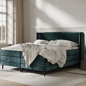 Boxspringbed met hoofdeinde van chenillestof – Carizzo – matras en dekmatras – 200×200 cm – blauwgroen