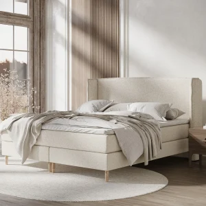 Boxspringbed met hoofdeinde van bouclestof – Ardis – matras en dekmatras – 140×200 cm – beige