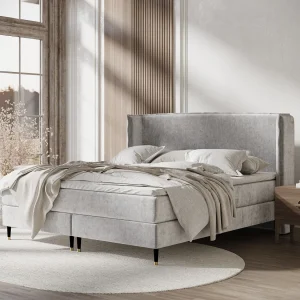 Boxspringbed met hoofdeinde van chenillestof – Ardis – matras en dekmatras – 140×200 cm – lichtgrijs Boxspringbed met hoofdeinde van chenillestof – Ardis – matras en dekmatras – 140×200 cm – lichtgrijs