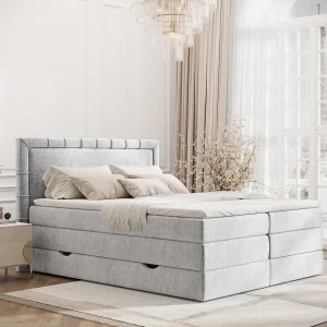 Boxspringbed met hoofdeinde van chenillestof – Rosabel – matras en dekmatras – 180×200 cm – lichtgrijs Boxspringbed met hoofdeinde van chenillestof – Rosabel – matras en dekmatras – 180×200 cm – lichtgrijs