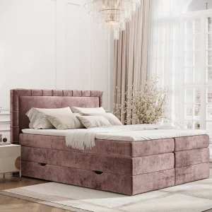 Boxspringbed met hoofdeinde van chenillestof – Rosabel – matras en dekmatras – 180×200 cm – roze Boxspringbed met hoofdeinde van chenillestof – Rosabel – matras en dekmatras – 180×200 cm – roze