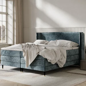 Boxspringbed met hoofdeinde van chenillestof – Carizzo – matras en dekmatras – 180×200 cm – blauw