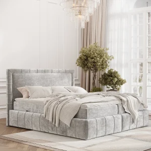 Boxspringbed met hoofdeinde van chenillestof – Sundown – matras en dekmatras – 140×200 cm – lichtgrijs Boxspringbed met hoofdeinde van chenillestof – Sundown – matras en dekmatras – 140×200 cm – lichtgrijs