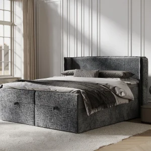 Boxspringbed met hoofdeinde van chenillestof – Passion – matras en dekmatras – 140×200 cm – grafiet