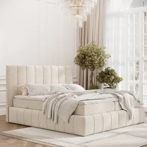 Boxspringbed met hoofdeinde van bouclestof – Moretti – matras en dekmatras – 140×200 cm – creme Boxspringbed met hoofdeinde van bouclestof – Moretti – matras en dekmatras – 140×200 cm – creme