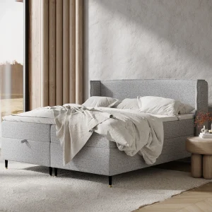 Boxspringbed met hoofdeinde van geweven stof – Monpelli – matras en dekmatras – 200×200 cm – grijs Boxspringbed met hoofdeinde van geweven stof – Monpelli – matras en dekmatras – 200×200 cm – grijs